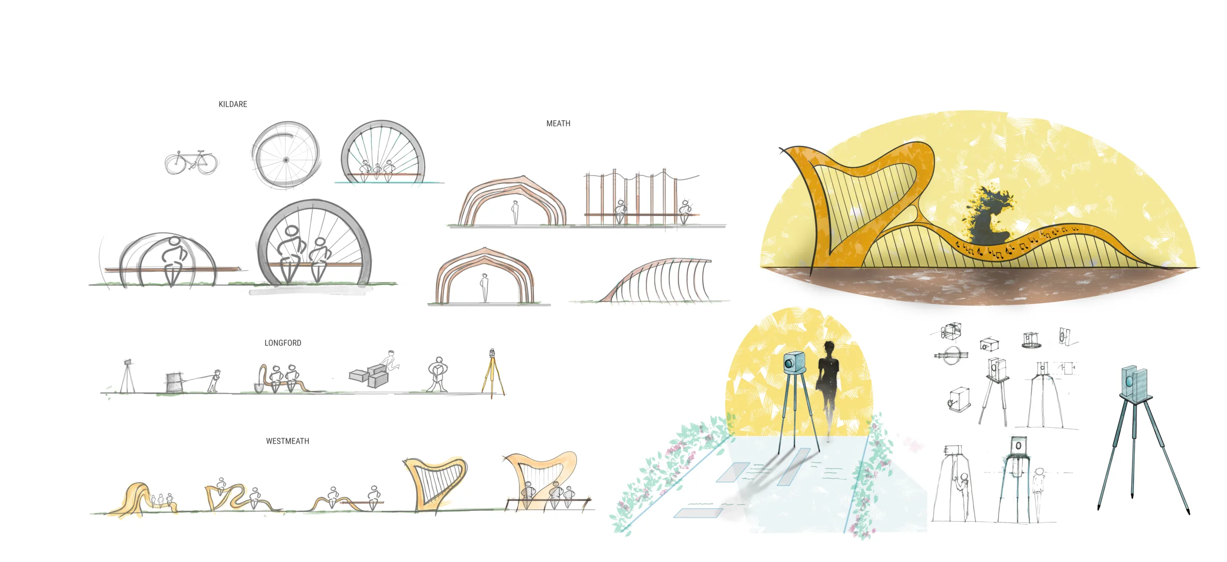 Concept studies — form, material and canal heritage references.
