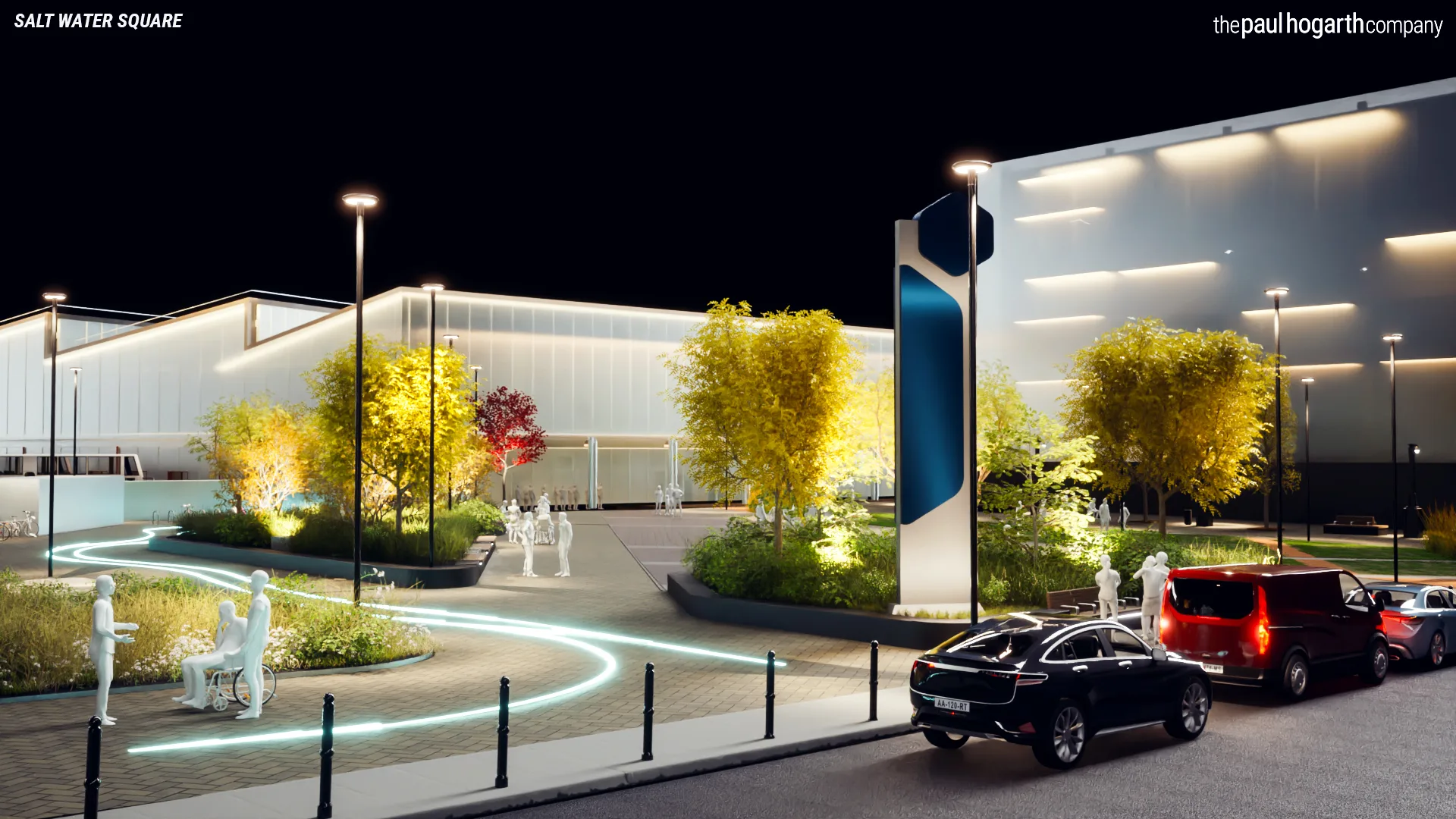Salt Water Square at night — directional paving lighting.